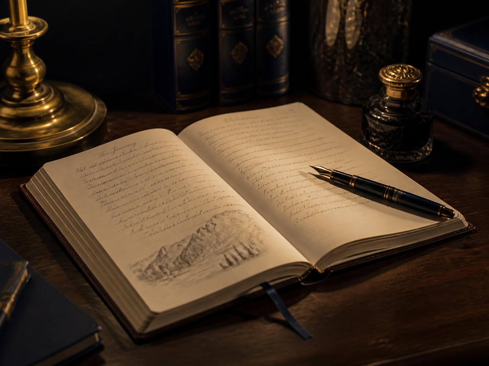 An open journal and fountain pen lit by a warm brass lamp